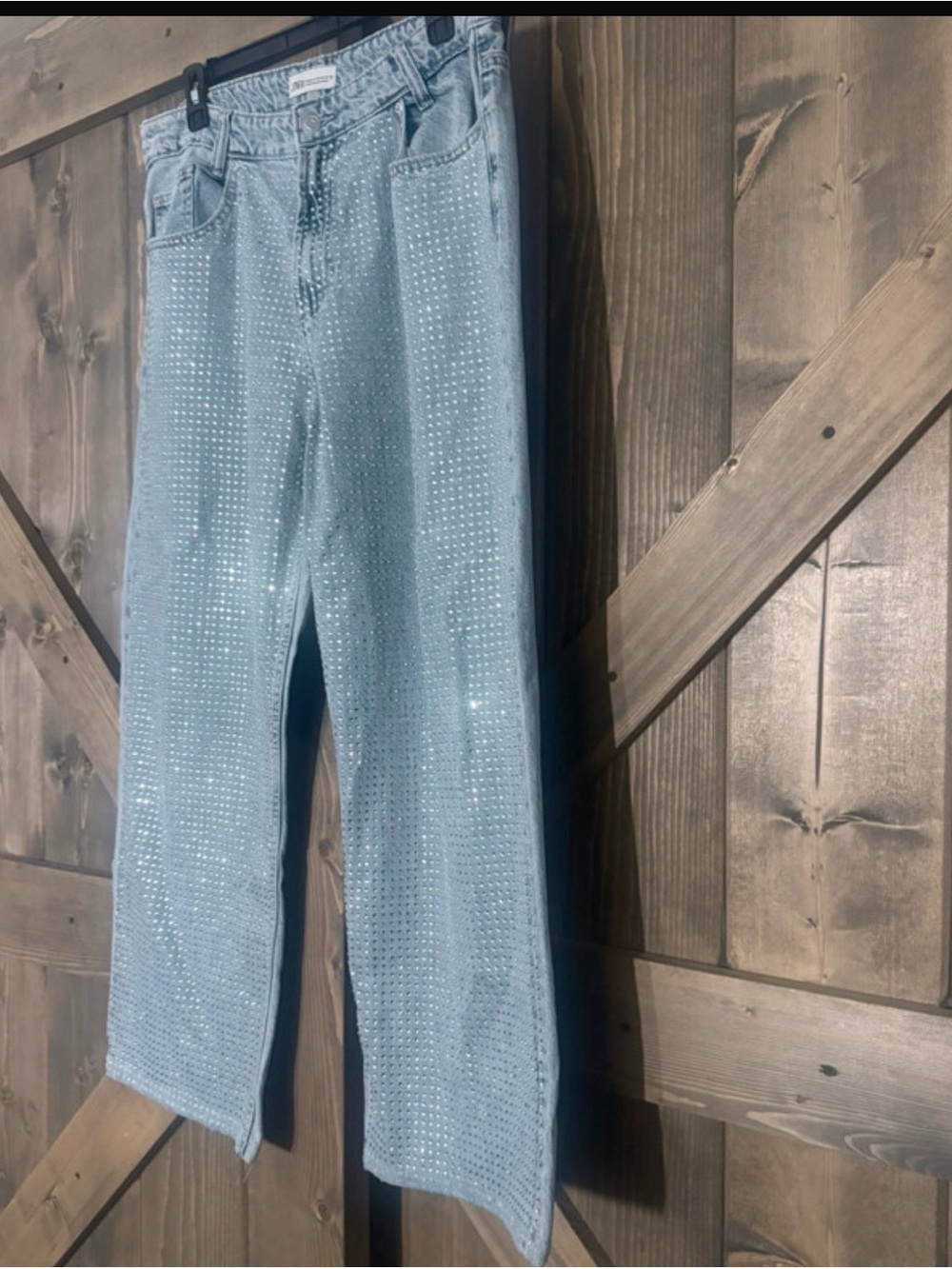 Zara Light Denim Wide-Leg Rhinestone Jeans - Picture 2 of 5